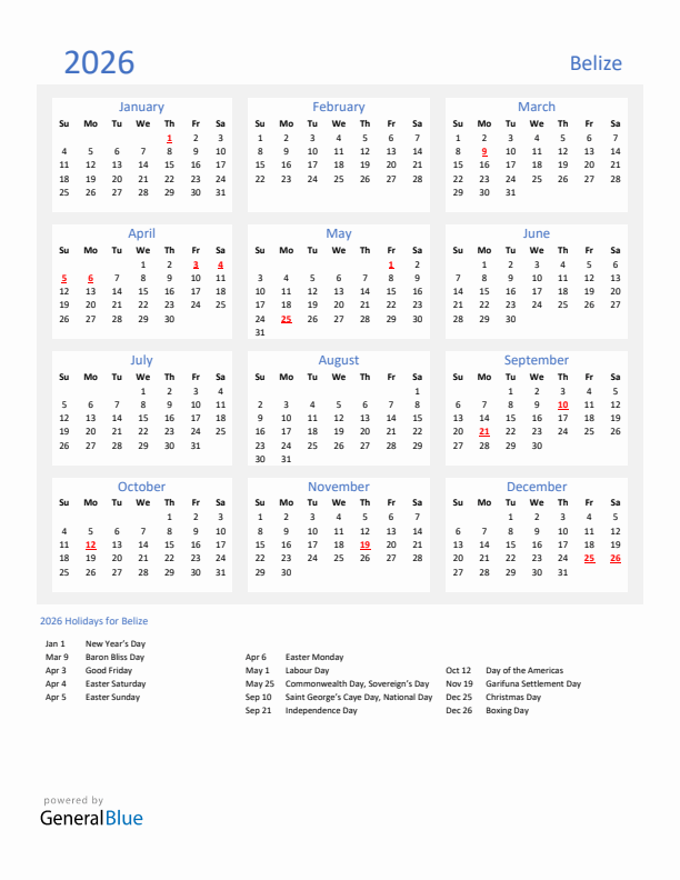 Basic Yearly Calendar with Holidays in Belize for 2026