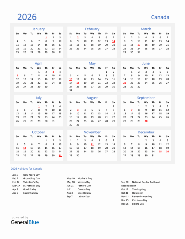 Basic Yearly Calendar with Holidays in Canada for 2026