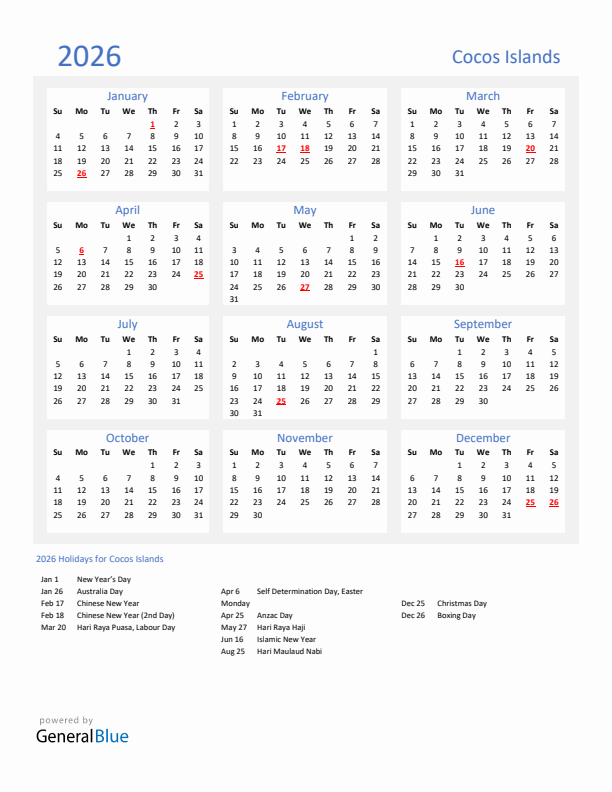 Basic Yearly Calendar with Holidays in Cocos Islands for 2026