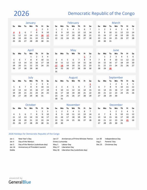 Basic Yearly Calendar with Holidays in Democratic Republic of the Congo for 2026 