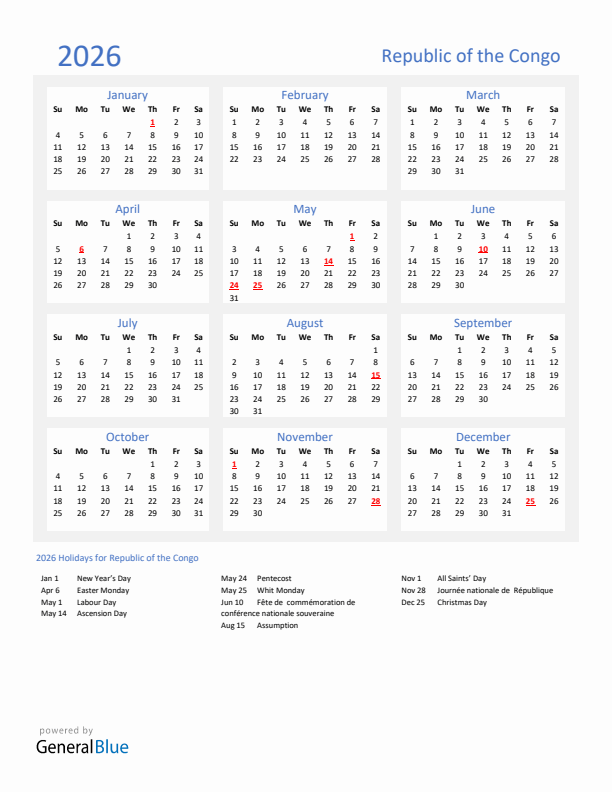 Basic Yearly Calendar with Holidays in Republic of the Congo for 2026 