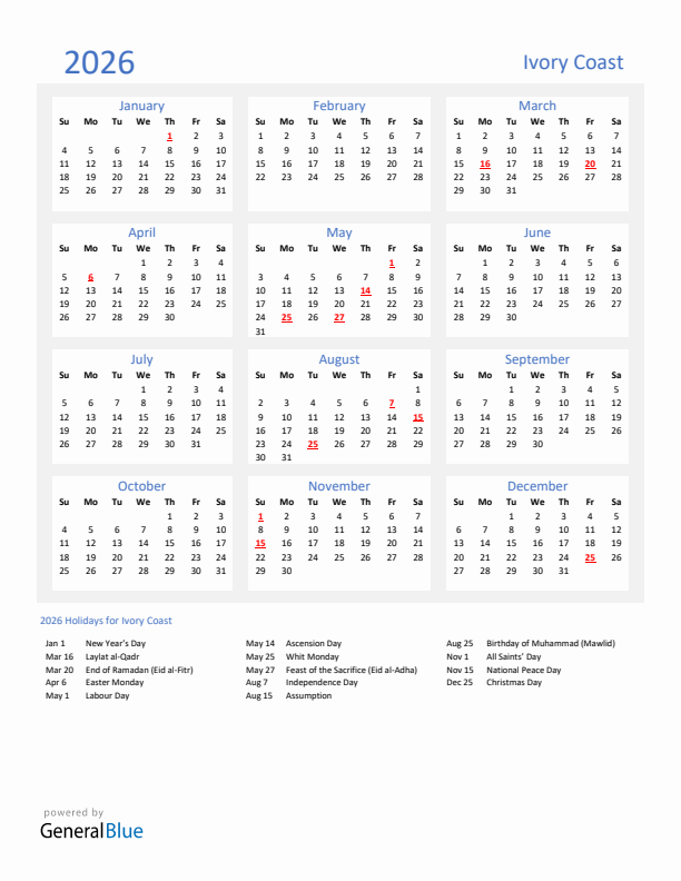 Basic Yearly Calendar with Holidays in Ivory Coast for 2026 
