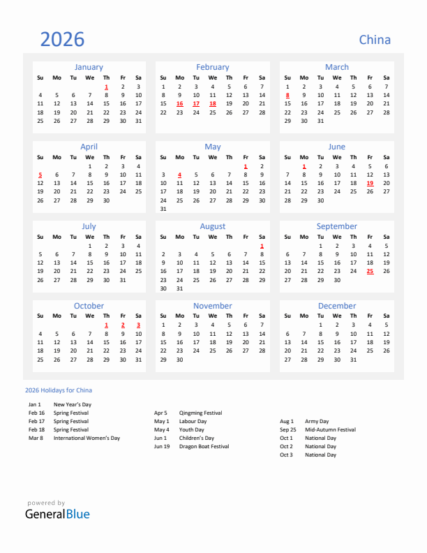 Basic Yearly Calendar with Holidays in China for 2026