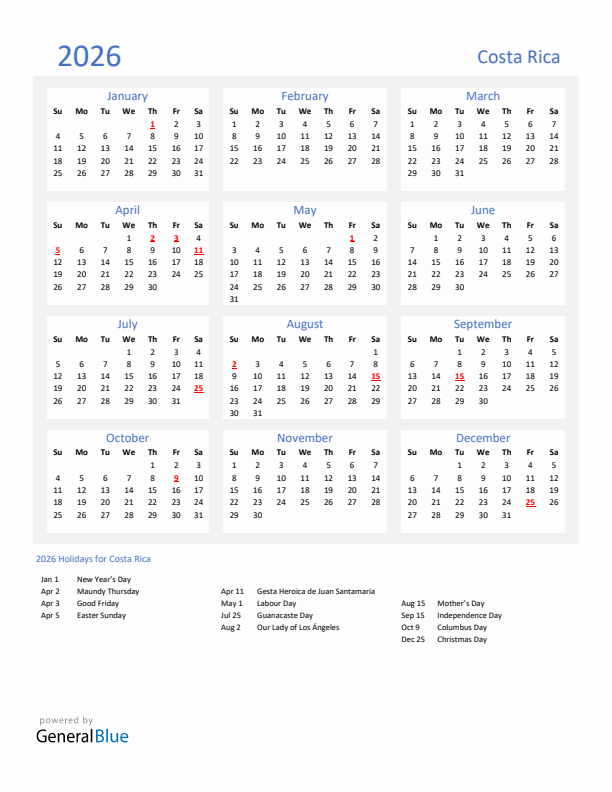 Basic Yearly Calendar with Holidays in Costa Rica for 2026