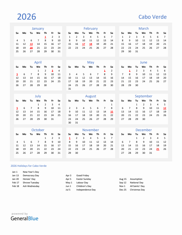 Basic Yearly Calendar with Holidays in Cabo Verde for 2026
