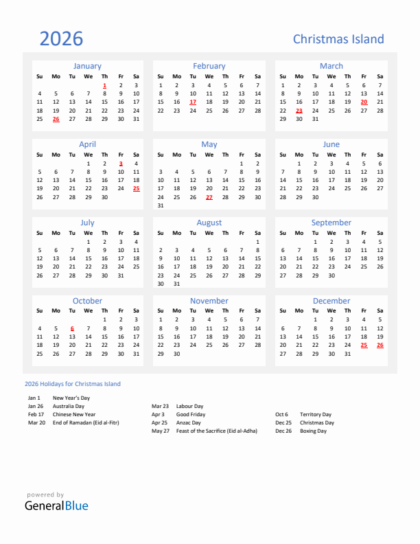 Basic Yearly Calendar with Holidays in Christmas Island for 2026