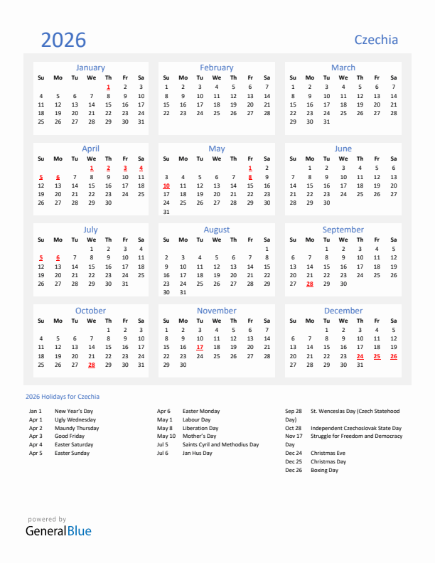 Basic Yearly Calendar with Holidays in Czechia for 2026 