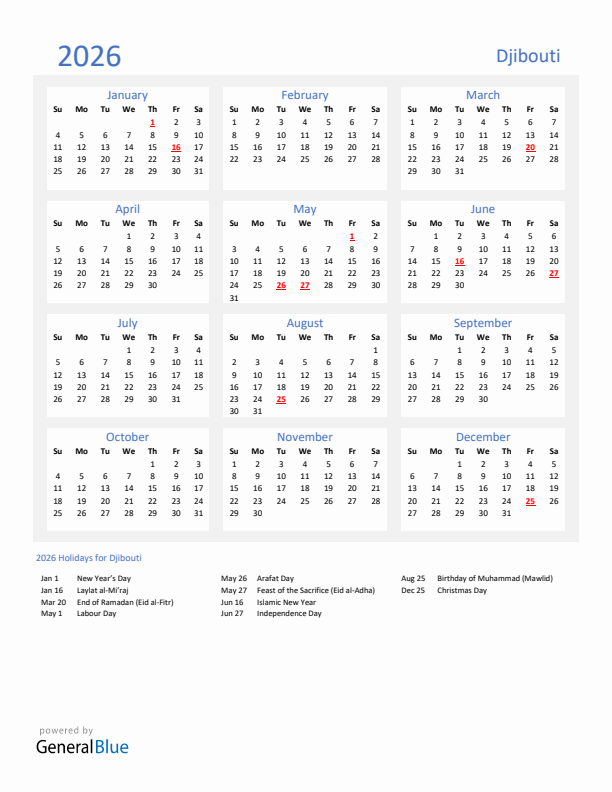 Basic Yearly Calendar with Holidays in Djibouti for 2026 