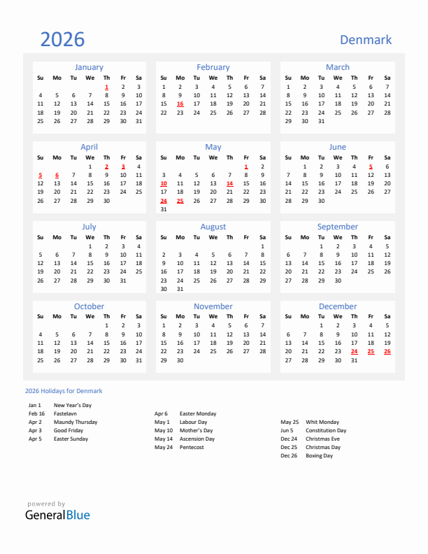 Basic Yearly Calendar with Holidays in Denmark for 2026