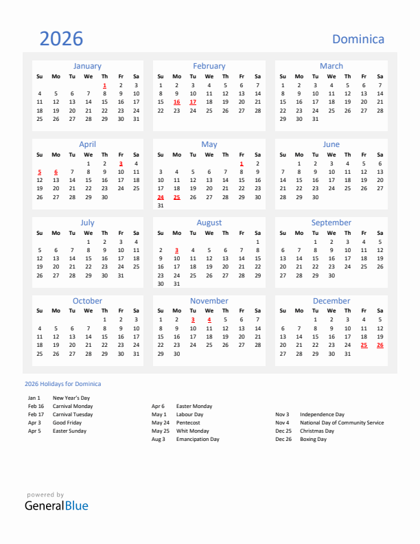 Basic Yearly Calendar with Holidays in Dominica for 2026