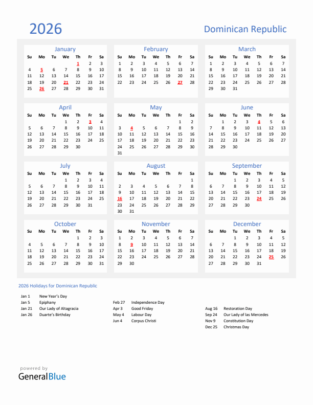 Basic Yearly Calendar with Holidays in Dominican Republic for 2026