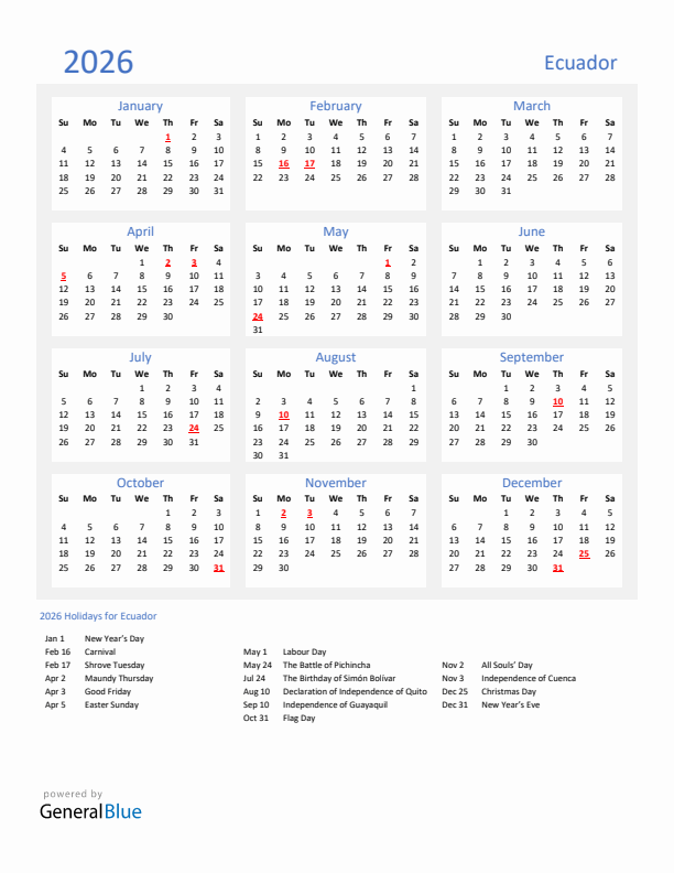 Basic Yearly Calendar with Holidays in Ecuador for 2026