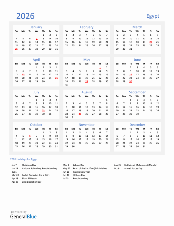 Basic Yearly Calendar with Holidays in Egypt for 2026 