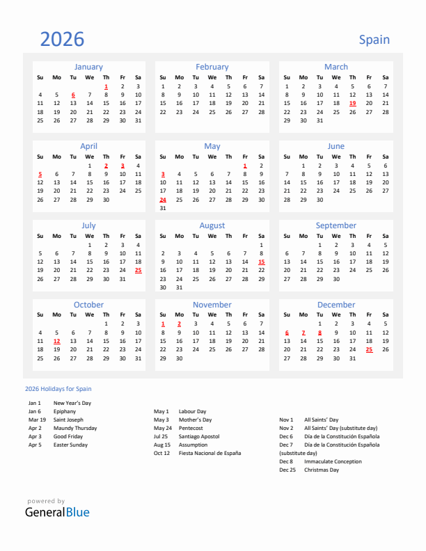 Basic Yearly Calendar with Holidays in Spain for 2026