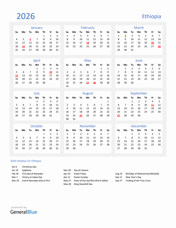 Basic Yearly Calendar with Holidays in Ethiopia for 2026