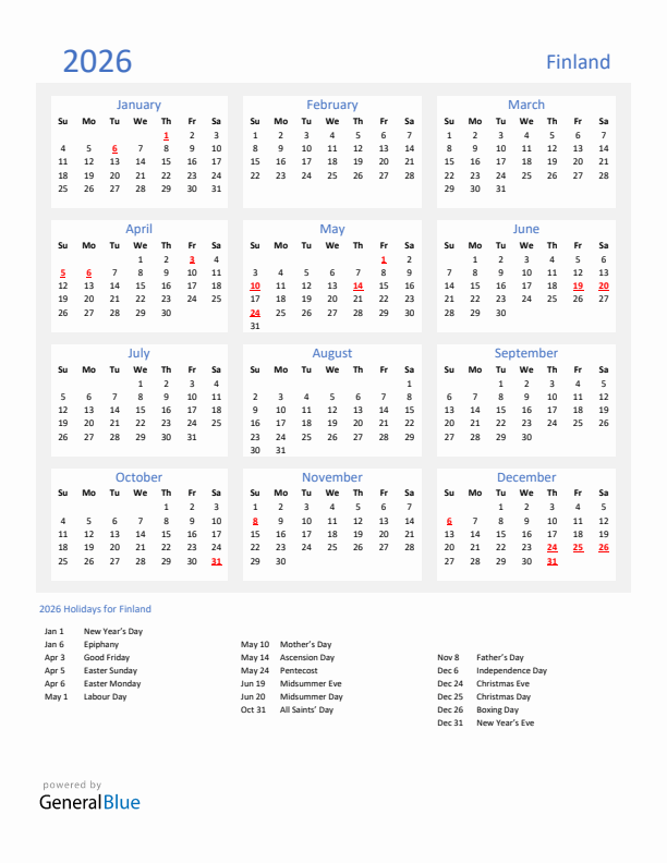 Basic Yearly Calendar with Holidays in Finland for 2026