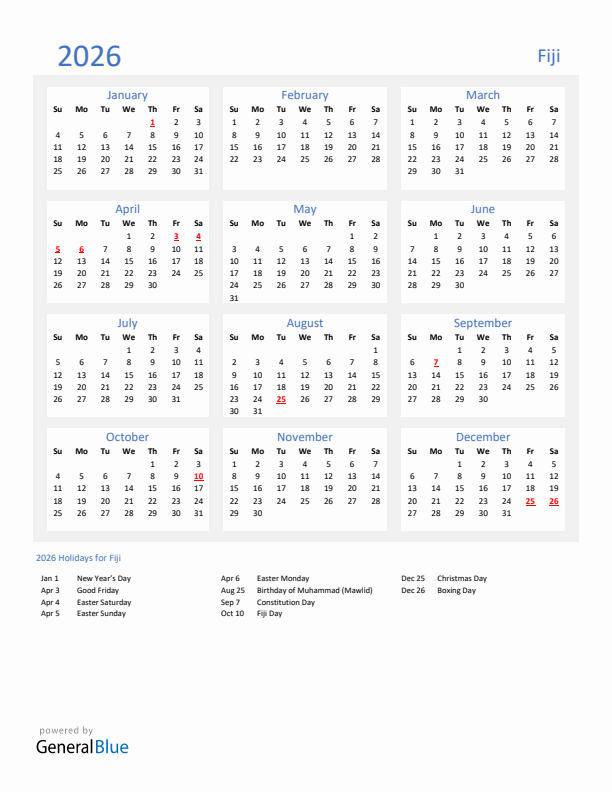 Basic Yearly Calendar with Holidays in Fiji for 2026 