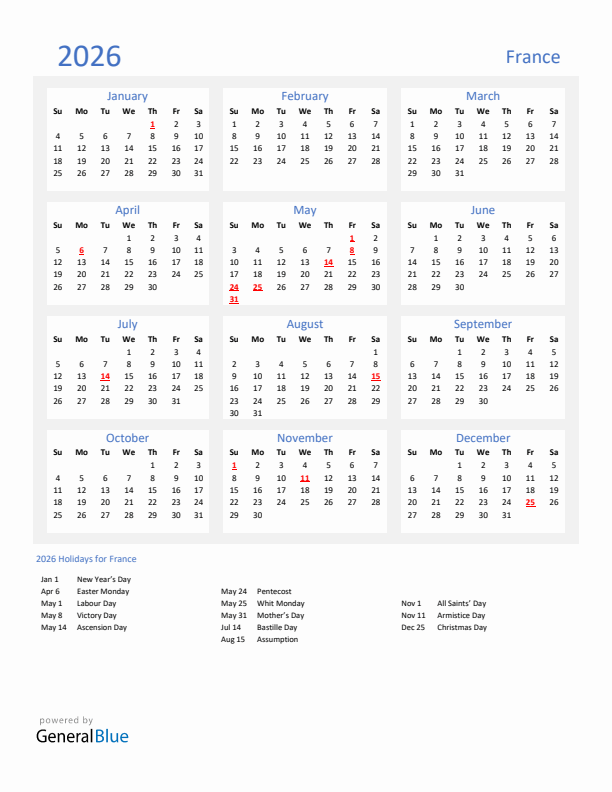 Basic Yearly Calendar with Holidays in France for 2026