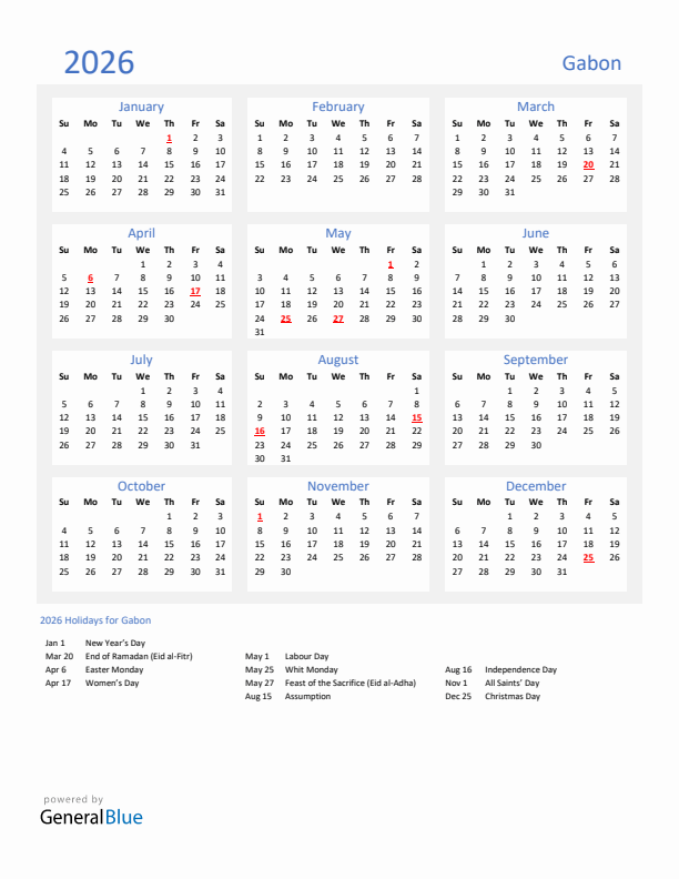 Basic Yearly Calendar with Holidays in Gabon for 2026