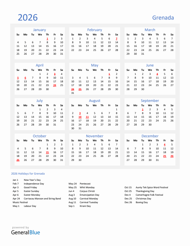 Basic Yearly Calendar with Holidays in Grenada for 2026
