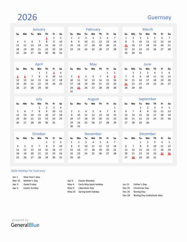 Basic Yearly Calendar with Holidays in Guernsey for 2026