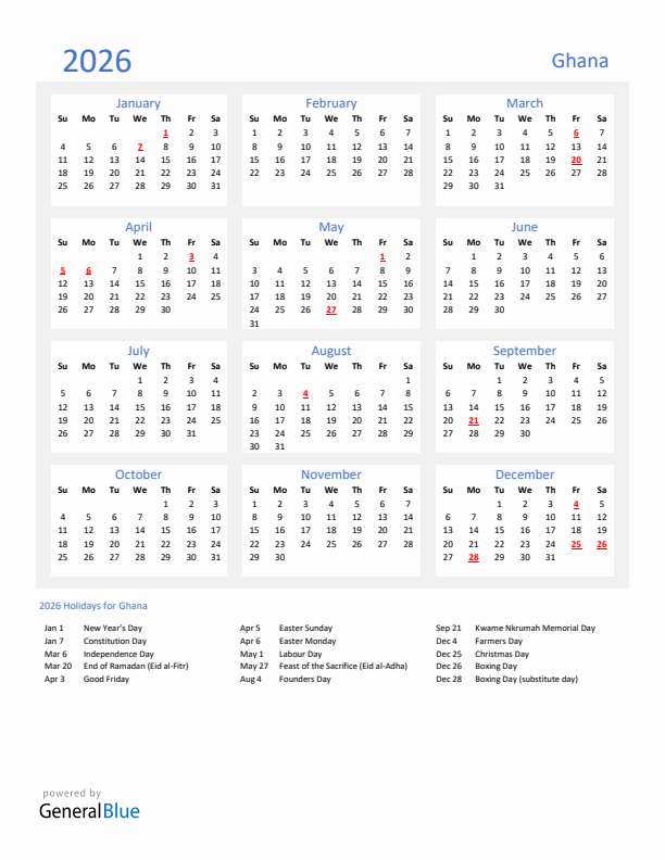 Basic Yearly Calendar with Holidays in Ghana for 2026 