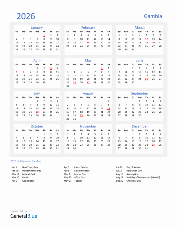 Basic Yearly Calendar with Holidays in Gambia for 2026 
