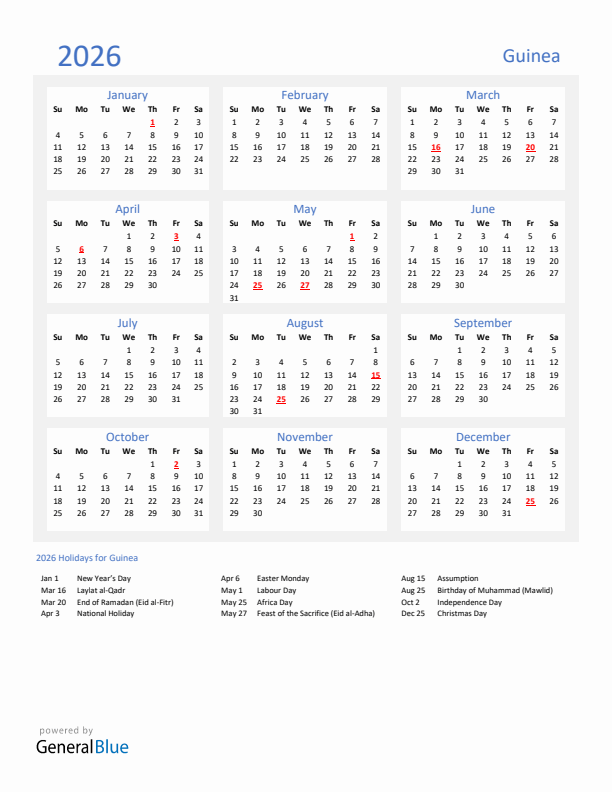 Basic Yearly Calendar with Holidays in Guinea for 2026 