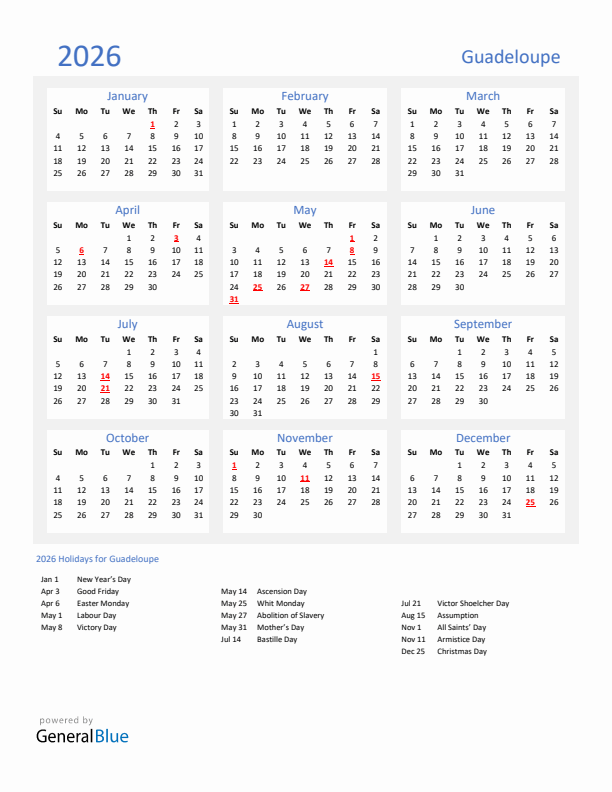 Basic Yearly Calendar with Holidays in Guadeloupe for 2026