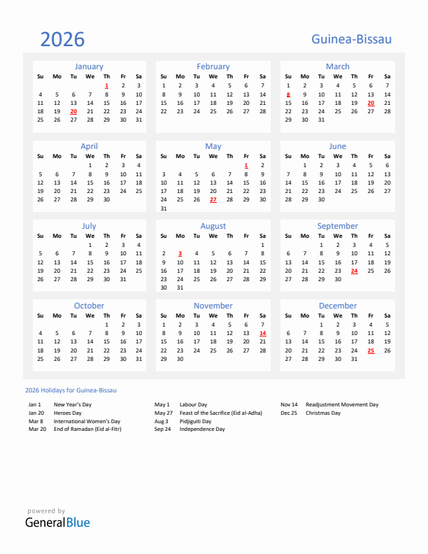 Basic Yearly Calendar with Holidays in Guinea-Bissau for 2026 