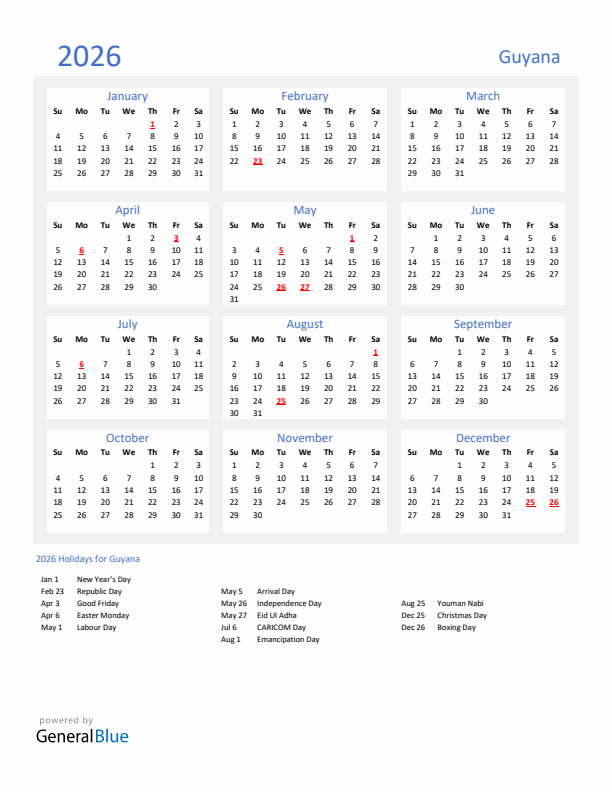 Basic Yearly Calendar with Holidays in Guyana for 2026
