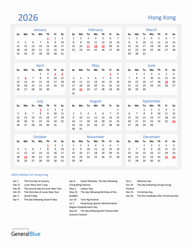 Basic Yearly Calendar with Holidays in Hong Kong for 2026 