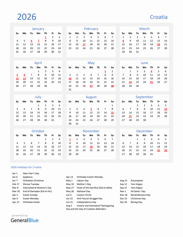 Basic Yearly Calendar with Holidays in Croatia for 2026