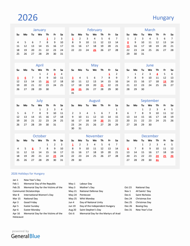 Basic Yearly Calendar with Holidays in Hungary for 2026