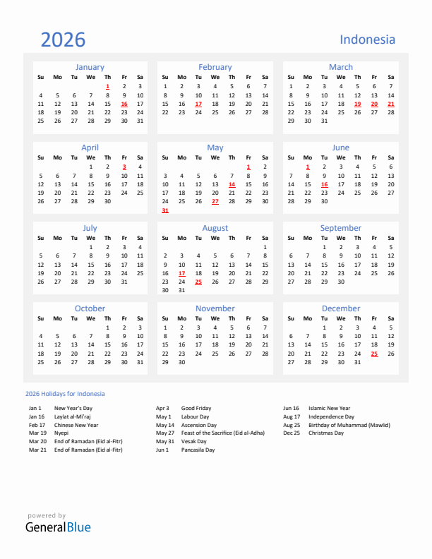 Basic Yearly Calendar with Holidays in Indonesia for 2026 