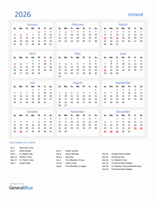 Basic Yearly Calendar with Holidays in Ireland for 2026