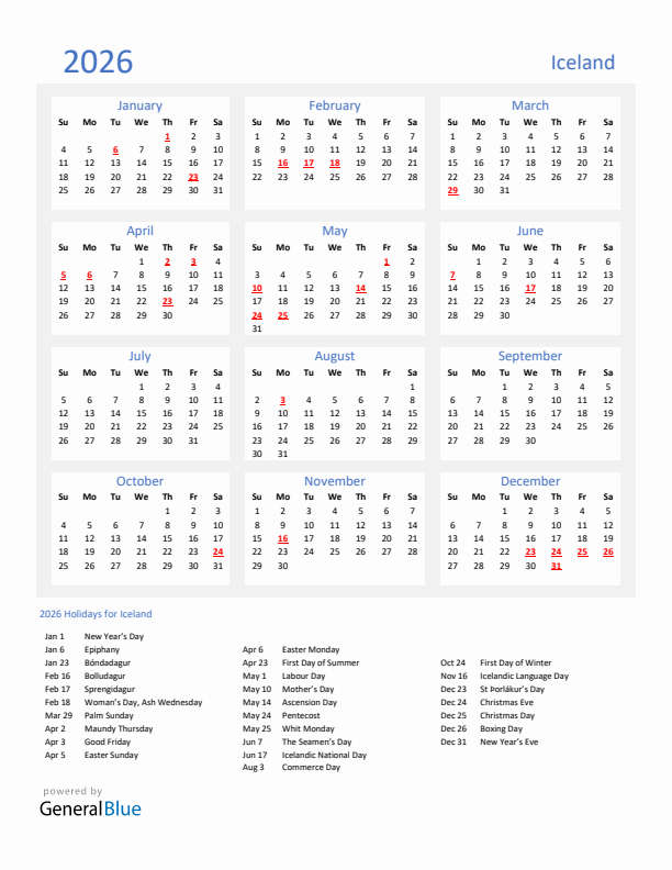 Basic Yearly Calendar with Holidays in Iceland for 2026