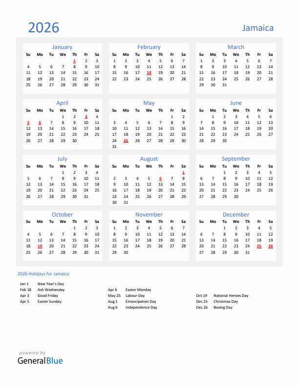 Basic Yearly Calendar with Holidays in Jamaica for 2026