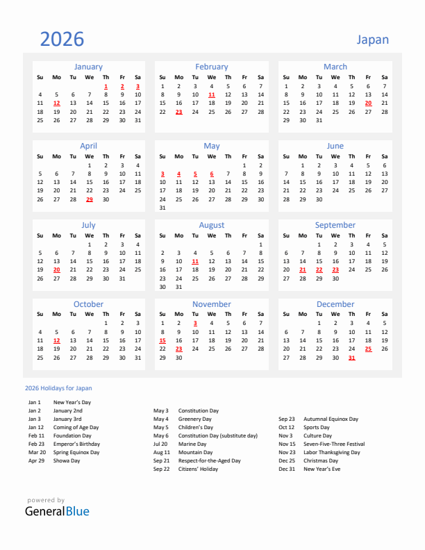 Basic Yearly Calendar with Holidays in Japan for 2026