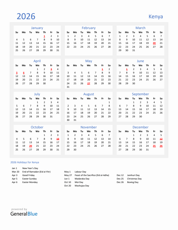 Basic Yearly Calendar with Holidays in Kenya for 2026