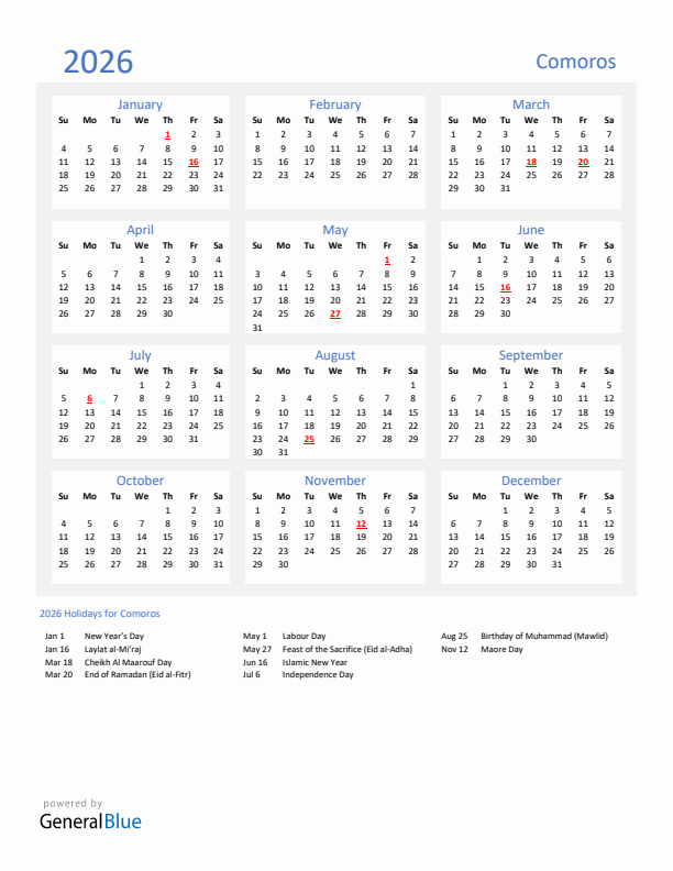 Basic Yearly Calendar with Holidays in Comoros for 2026 