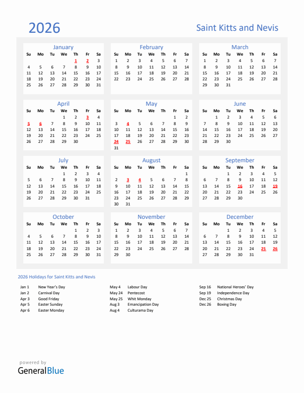 Basic Yearly Calendar with Holidays in Saint Kitts and Nevis for 2026 