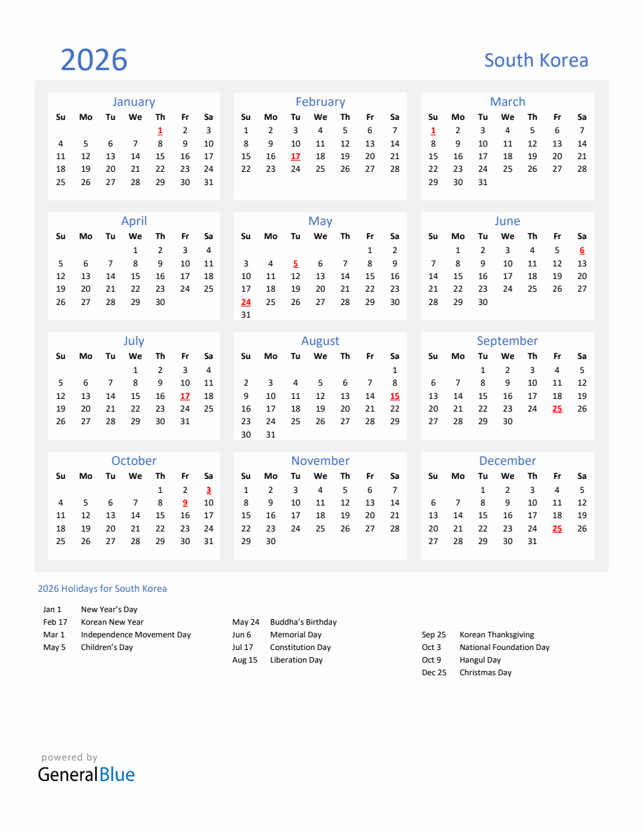 Basic Yearly Calendar with Holidays in South Korea for 2026