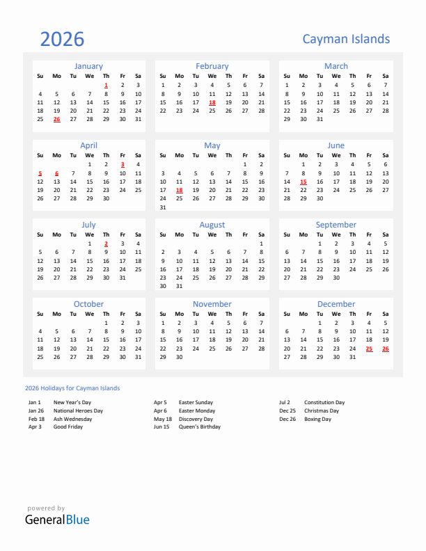 Basic Yearly Calendar with Holidays in Cayman Islands for 2026 