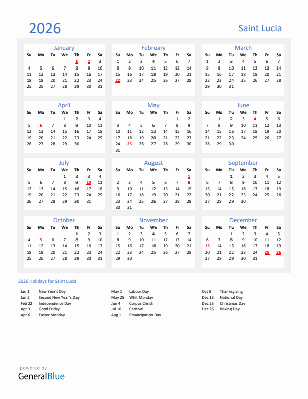 Basic Yearly Calendar with Holidays in Saint Lucia for 2026 
