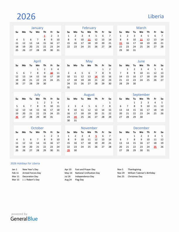 Basic Yearly Calendar with Holidays in Liberia for 2026 