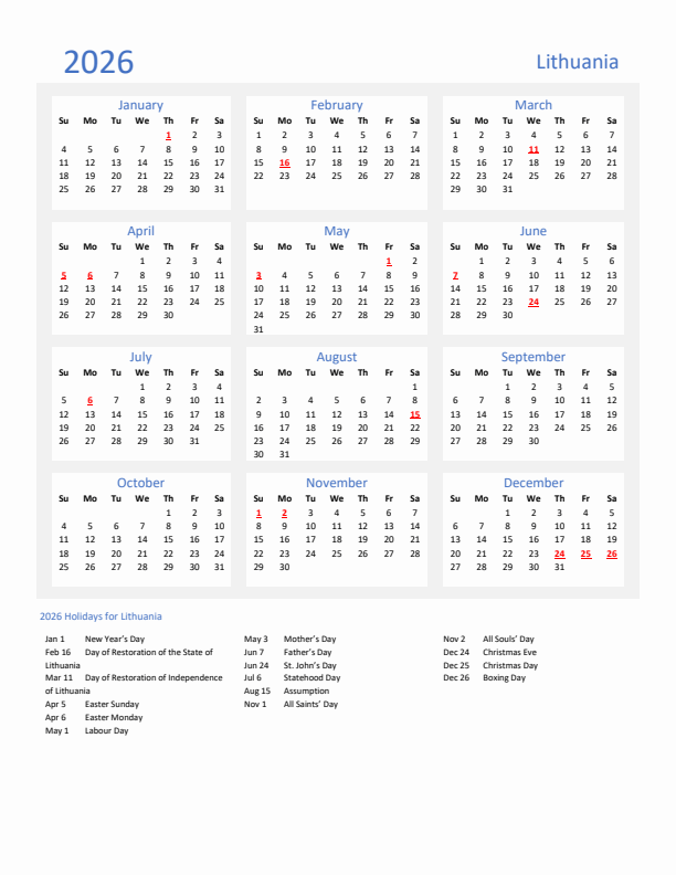 Basic Yearly Calendar with Holidays in Lithuania for 2026 