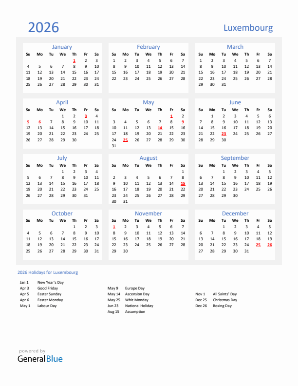 Basic Yearly Calendar with Holidays in Luxembourg for 2026
