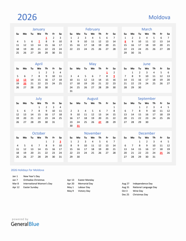 Basic Yearly Calendar with Holidays in Moldova for 2026
