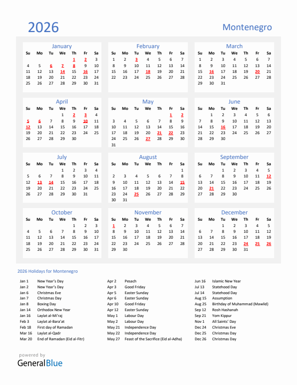 Basic Yearly Calendar with Holidays in Montenegro for 2026 
